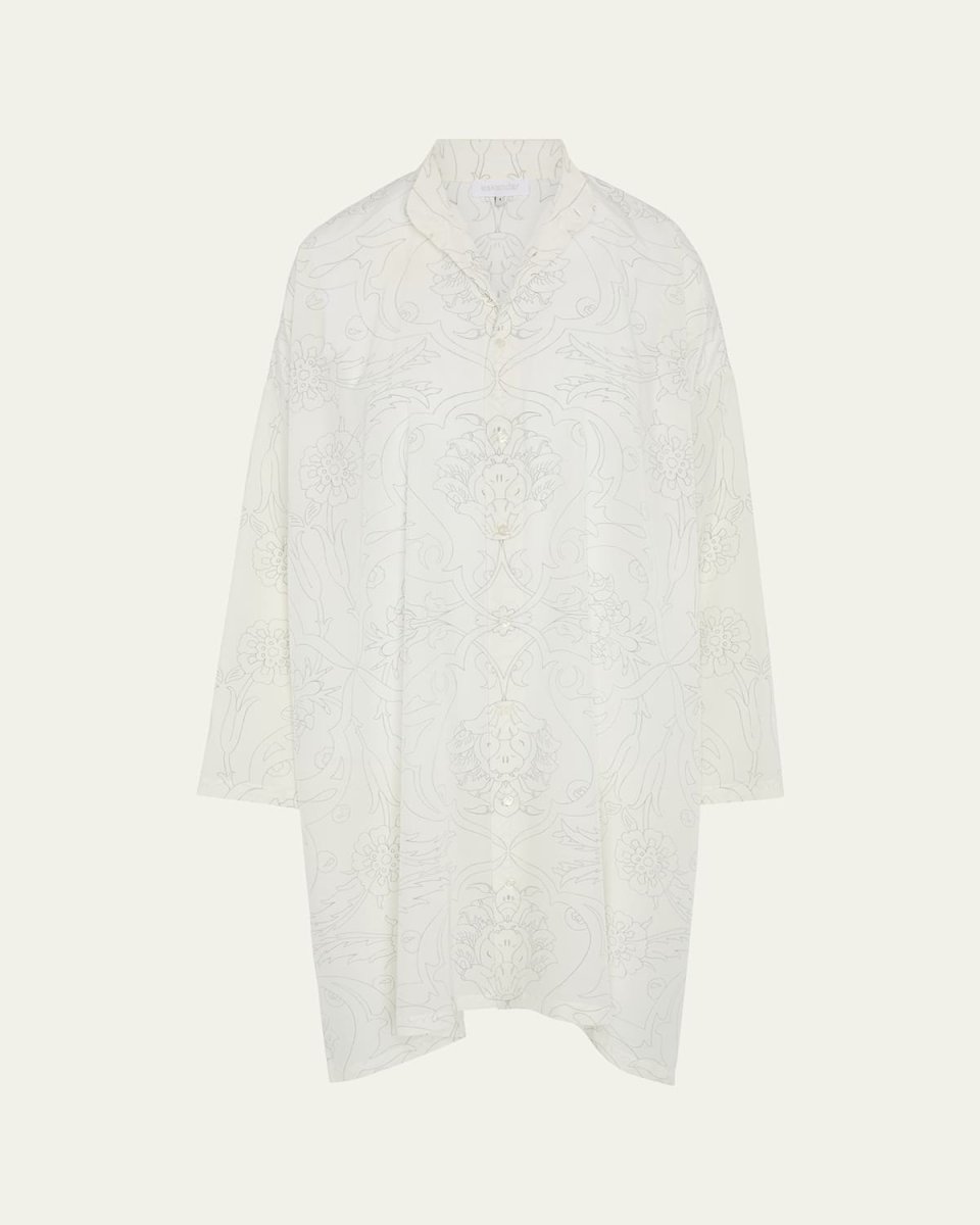 Tile-Print Ottoman Wide A-Line Collarless Shirt With Slits (Very Long Length)